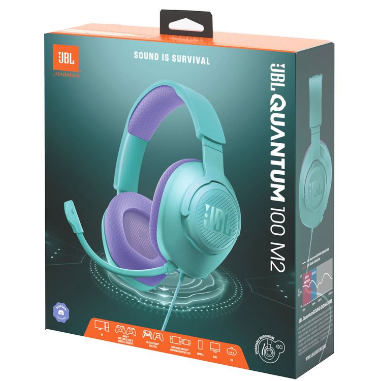 JBL Quantum 100M2 Wired Over-ear Gaming Headset, Lightweight & Compact Design, Memory Foam with Fabric Ear Cushions Material, 1.2m Cable Length, 40mm  Driver Size - Teal / Purple