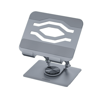 Porodo Zelo 360° Rotatable Tablet Holder with Foldable Design, Universal Device Compatibility, Rotating Joints, Multi-Angle Adjustment, Anti-Slip Base, Easy to Carry, Silicone Grips - Gray 