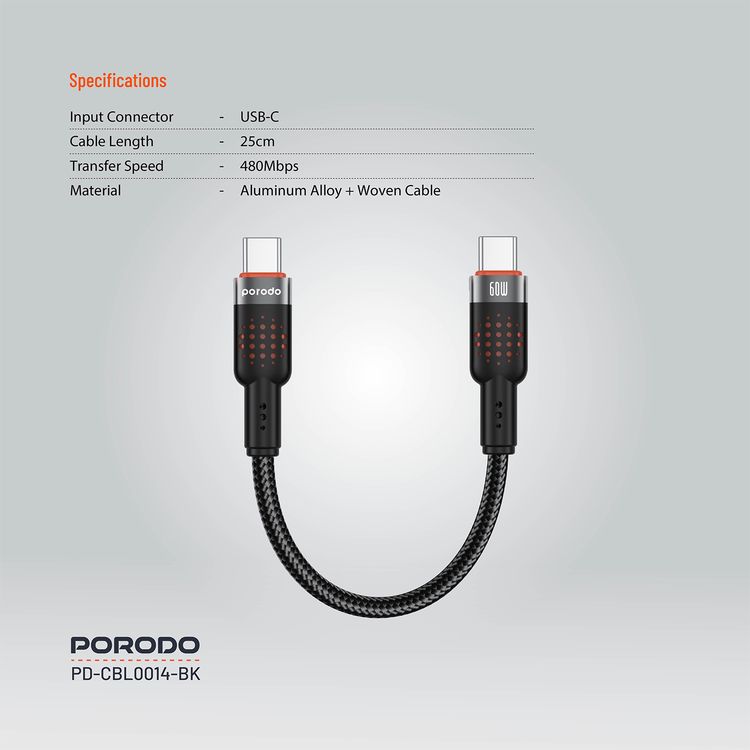 Porodo USB-C to USB-C Braided Cable with 60W Power Delivery, 480Mbps Transfer Speed, Braided & Tangle-Free Design, 15000+ Bends Lifespan, Fast Charge & Data Sync - Black