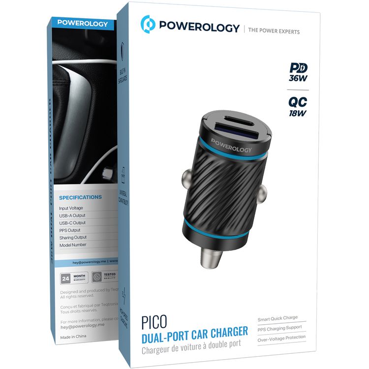 Powerology Pico Dual-Port Car Charger with Built-in Safeguards, 36W Power Delivery, Overvoltage Protection, Fast Charge, Universal Compatibility - Black