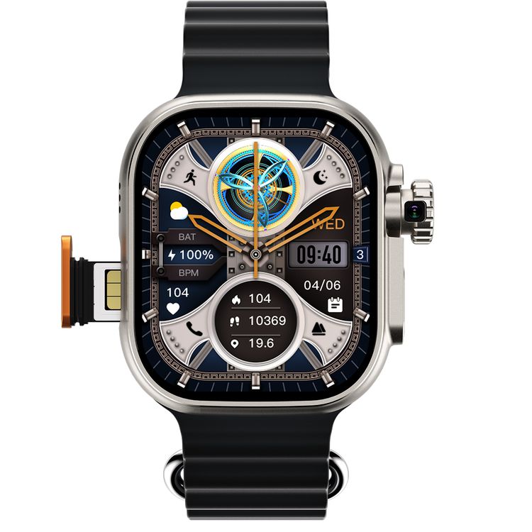 Green Lion 4G Ultra Smart Watch Android with Black Strap, 360° Rotatable Camera, Face Recognition, Android 8.1 OS, GPS Support, Magnetic Charging - Titanium