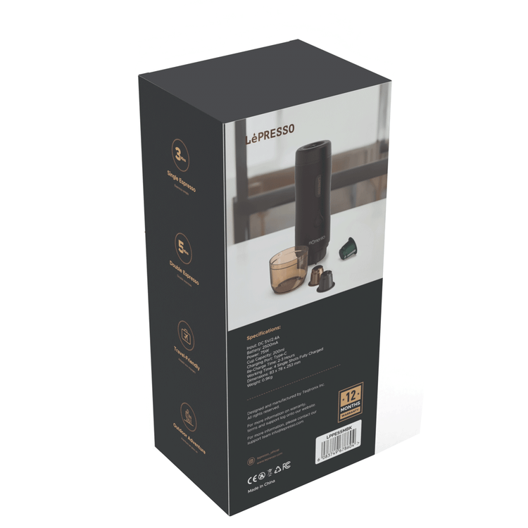 LePresso Momento 2.0 Portable Espresso Coffee Machine, Ground & Nespresso Compatible, 75W Power, 2500 mAh Battery Capacity, 2-3 Hours Re-Charge Time, 4 Single Shots Fully Charged Working Time - Black
