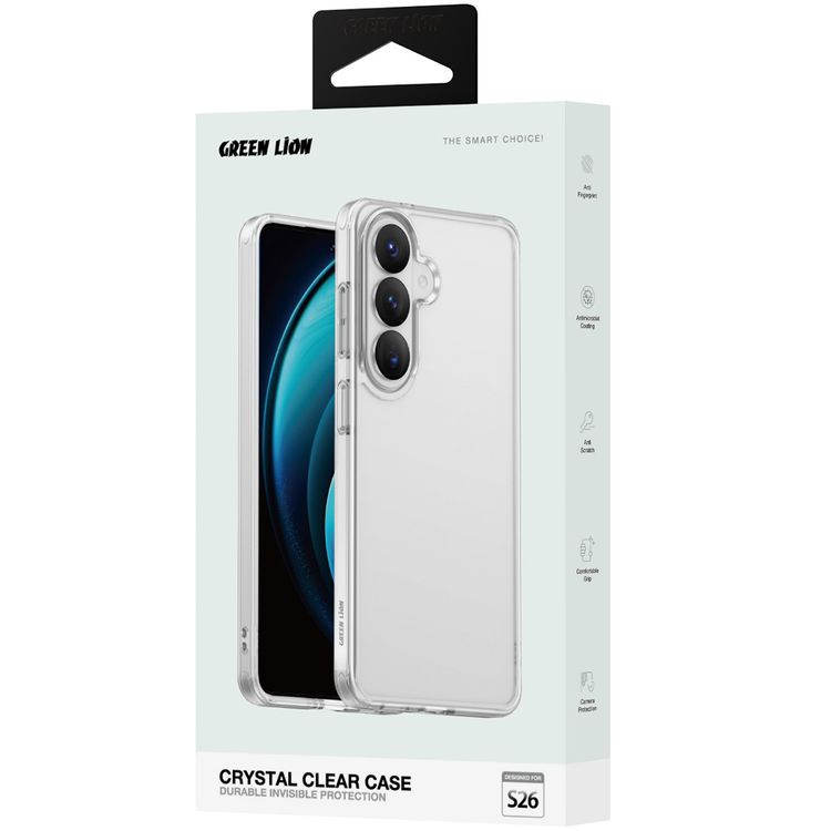 Green Lion Crystal Clear Case with S26 Devices Compatibility, Anti Scratch Design, Camera Protection, Comfortable Grip, Drop Protection, Antimicrobial Coating, Enduring Clarity, Anti Fingerprint, PC-TPU Hybrid - Clear Color