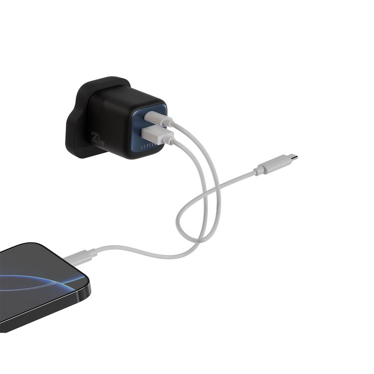 Levelo Vero GaN  Double Port Adapter with PD 20W, Type-C + USB-A Ports, 20W Max Output, Fast Charging, Over Charge Protection - Black / Blue