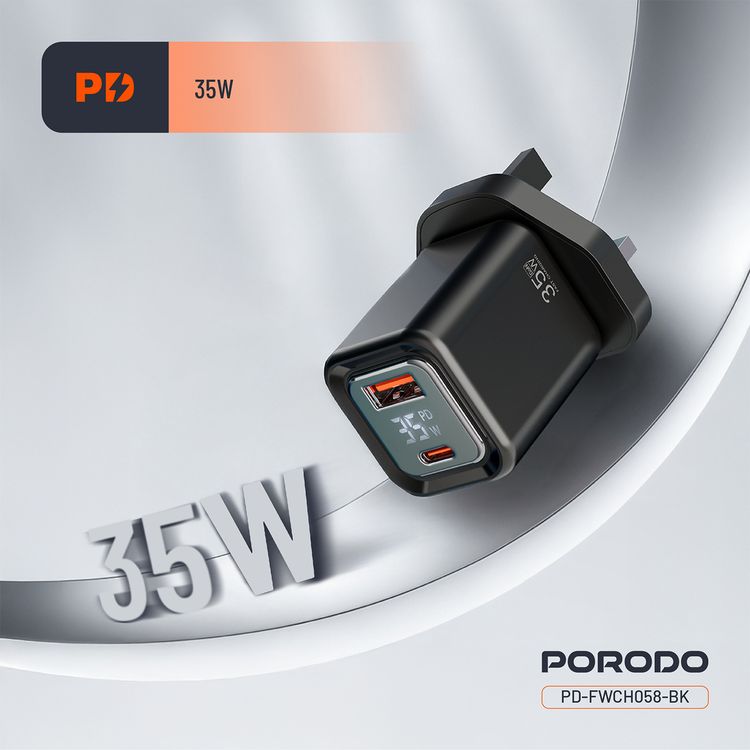 Porodo Dual-Port Quick Wall Charger with 35W Power Delivery, Built-in Safeguards, Digital Display, 0.8A Maximum Rated Current, GaN Technology - Black