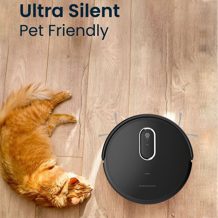 Powerology Smart Robot Vacuum Cleaner with Detection Sensors, 2000Pa Suction Power, 120 Minutes Working Time, Re-Washable HEPA Filter, Google Voice Assistant, 500mL Bin Capacity - Black