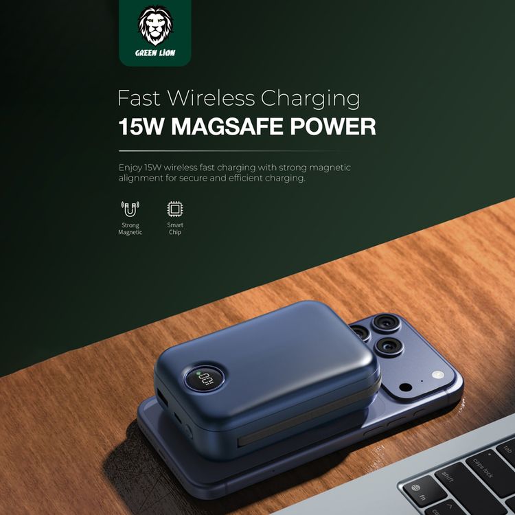 بطارية متنقلة جرين ليون بسعة 20000 مللي أمبير/ساعة مع كابل مدمج من النوع C، شاشة LCD، توصيل طاقة 20 واط، جاذبية مغناطيسية، تصميم مدمج - أزرق