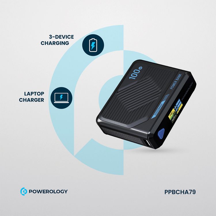 Powerology Ultra Mini 20000mAh Power Bank with Simultaneous Charging, Power Info Display, 100W Power Delivery, 15W Wireless Charging - Black