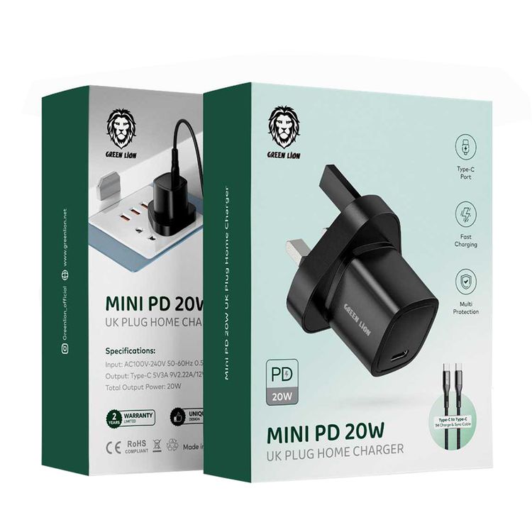 Green Lion Mini UK Charger with Type-C to Type-C Cable, 20W Power Delivery, 100-240V Input Voltage, Multiple Protections, Fast Charging Support, Compact & Lightweight Design - Black