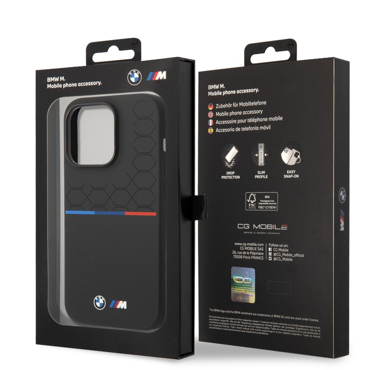 BMW M Collection Liquid Silicone Case Printed UV Varnish Pattern Tricolor Line & Logo iPhone 14 Pro Max Compatibility - Black