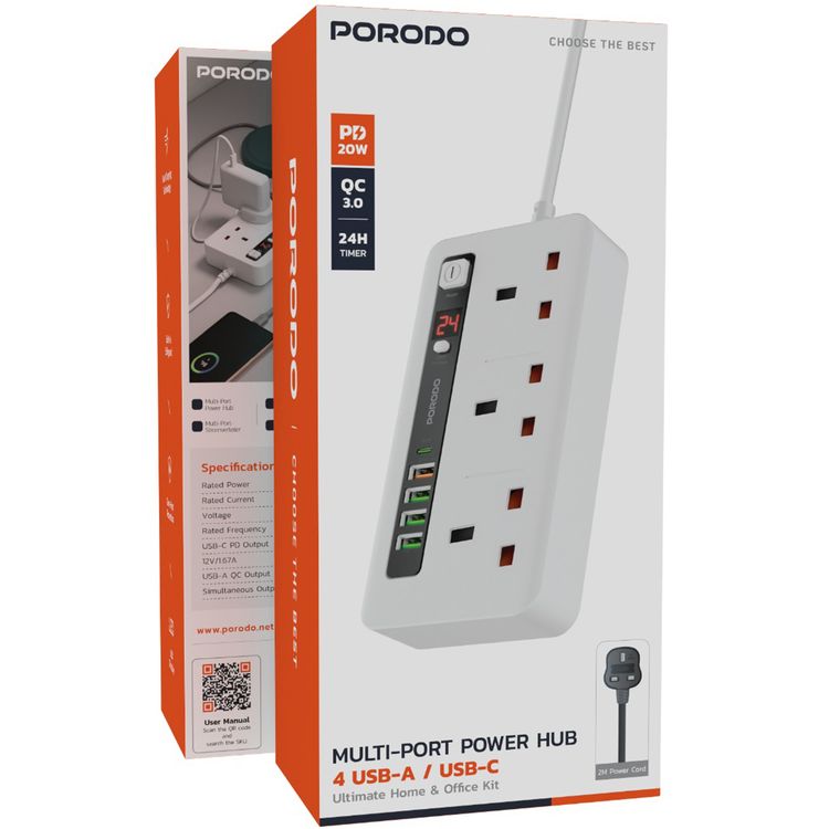 Porodo Multi-Port Power HUB Ultimate Home & Office Kit with 4 USB-A & 1 USB-C, 2m Cable Length, Built-in Safeguard, Over-Heat Protection, LED Display - White