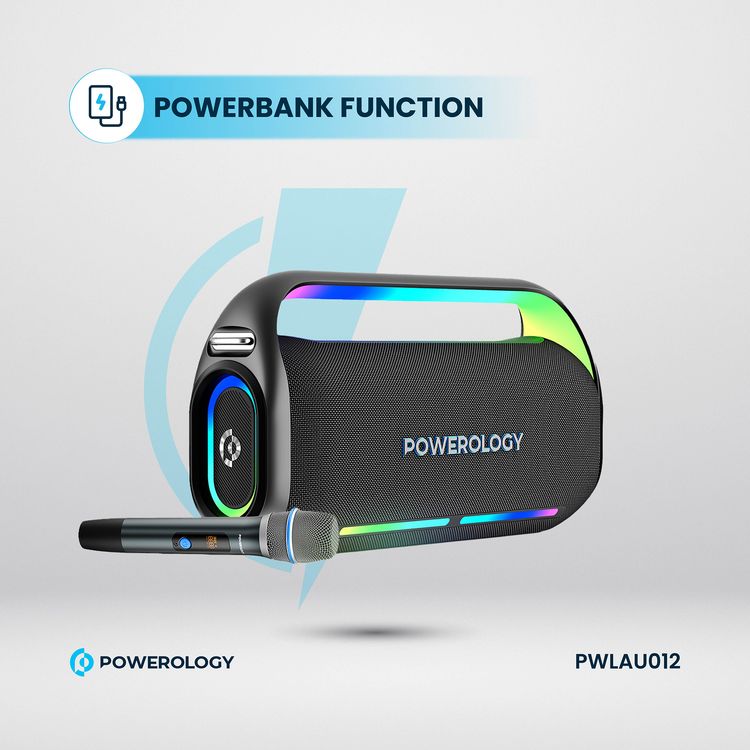Powerology TWS Karaoke Speaker 150W with Mic and Remote, Bluetooth Version 5.0 + DSP, 18000mAh Battery Capacity, 12 Hours Working Time, 7.5 Hours Charging Time - Black