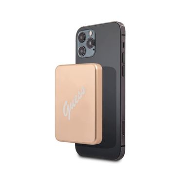 Guess MagSafe Power Bank with 3000mAh Battery Capacity, 5W Wireless Output, Fast Charge Support, Lightweight & Portable - Script Gold