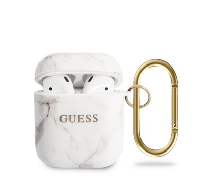 CG Mobile Guess TPU Marble Effect with Anti-Lost Ring Compatible for AirPods 1/2, Scratch Resistant, Shock Absorption, Drop Protection, & Dustproof Protective Cover Officially Licensed - White