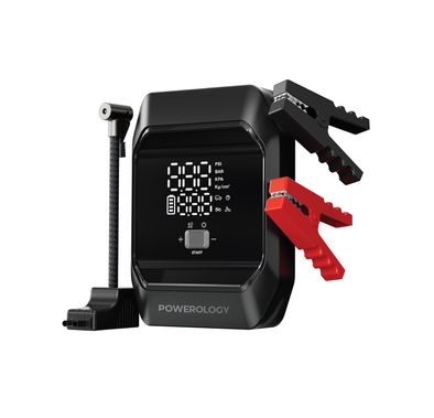 Powerology Inflate Boost Jump Starter with Air Compressor, 10000mAh Battery Capacity, Power Bank Function, LED Flashlight, 5 Inflation Modes, USB-C Cable Type, 33.5cm Cable Length, 6L Gasoline & 4L Diesel Supported Vehicles, Auto-Stop Inflation, Smart Digital Display - Black