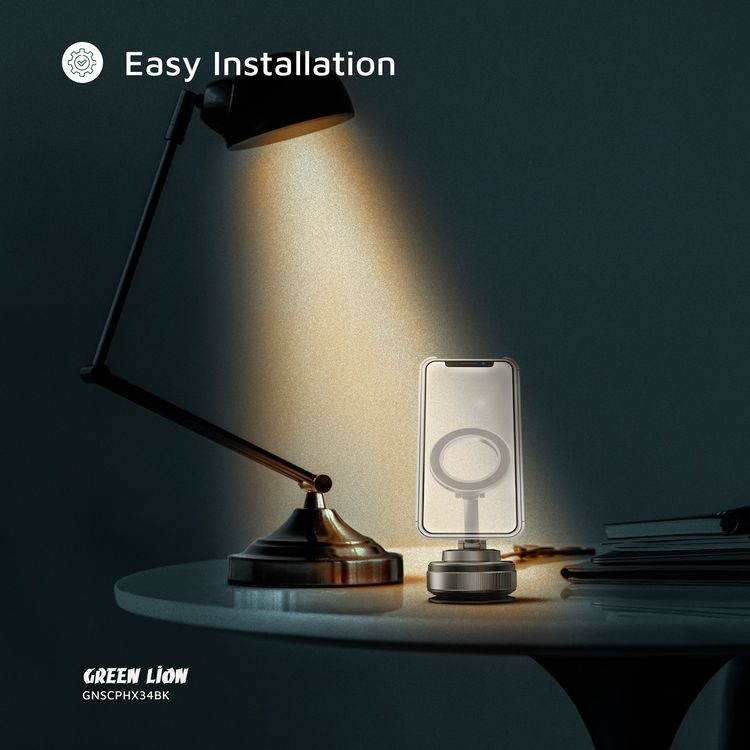 Green Lion GX-34 Suction Phone Holder with MagSafe Compatibility, 1.5kg Adsorption Force, N52 Magnets, 360° Rotation, Adjustable Mount, 16-65 kPa Pressure - Black