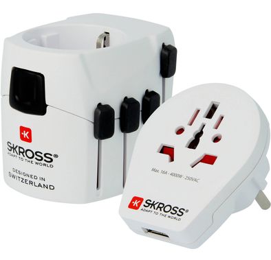 SKRoss World Travel Adapter  (PRO) World & USB Max 6.3 A / 100V - 250V Replaceable Fuse - White