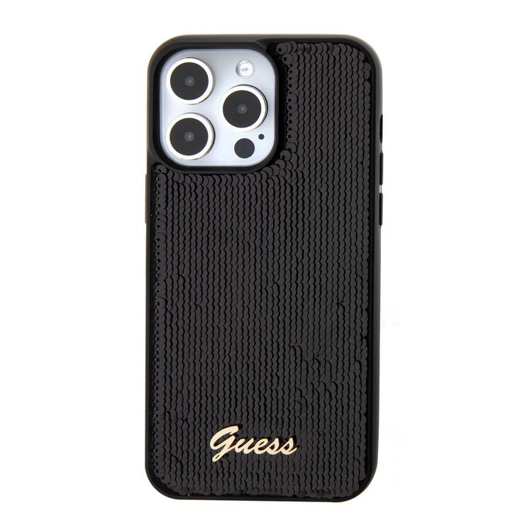 Guess Sequin Script Case with Guess Metal Logo - Black - iPhone 15 Pro