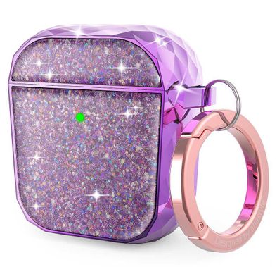 AhaStyle Luxury Glittery Glossy Case with Anti-Lost Carabiner Compatible for AirPods 1/2, Hard Plastic Twinkle Glitter Case, Protective Cover Suitable for Girls Women Lady