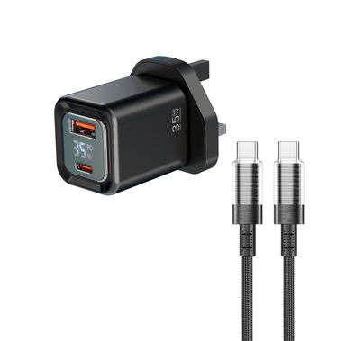 Porodo Dual-Port Quick Wall Charger with Type-C to Type-C Included, 35W Power Delivery, Built-in Safeguards, Digital Display, 0.8A Maximum Rated Current, GaN Technology - Black