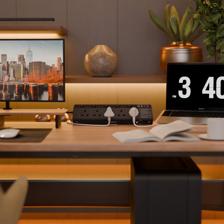 Porodo Voltguard Multiple Ports Power Socket with 80cm Retractable Type-C Cable, PD 20W, UK Plug,   5 AC Sockets, USB-A & USB-C Ports, Built-in Clamp - Black