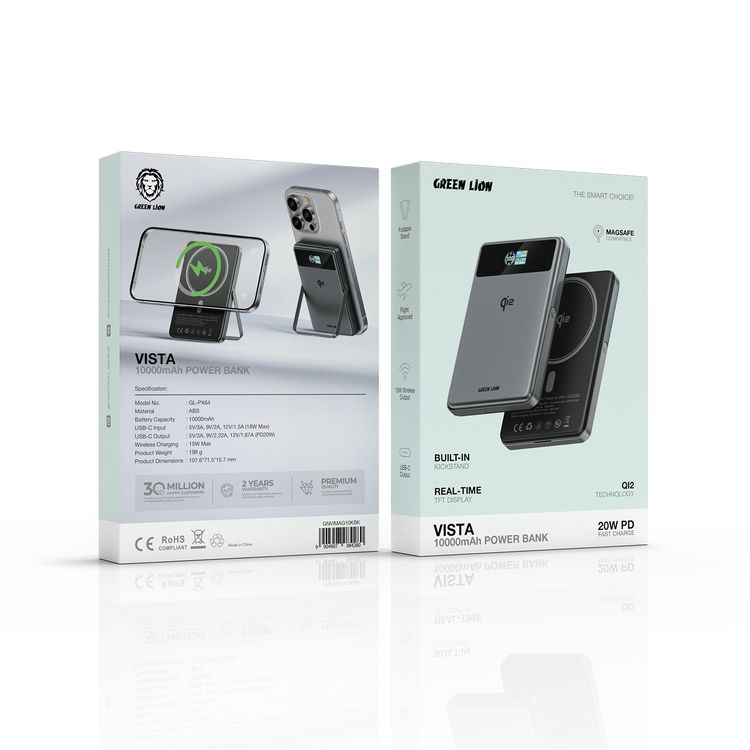 Green Lion Vista 10000mAh with Magsafe Compatible, PD20W Output, Flight Approved, Foldable Stand, Real-Time TFT Display, Built-in Kickstand - Black