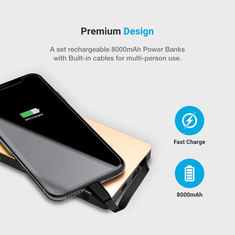 Powerology 8-in-1 Power Bank Station 8000mAh With Built-in Cable, Portable Power Bank and 1 Rapid Recharging Station Compatible iPhone Devices,  Type C Charging Ports - Gold