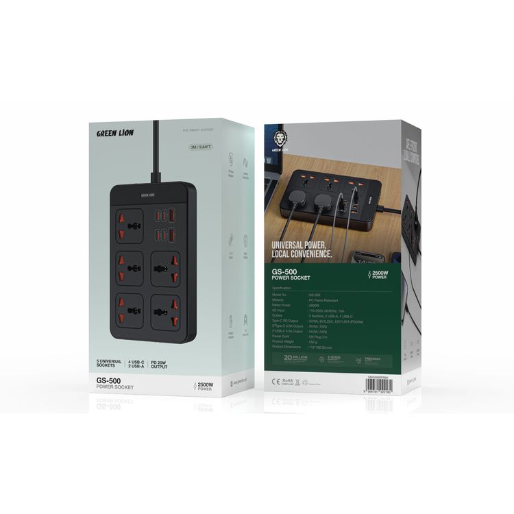 مقبس كهرباء جرين لايون GS 500 مع توافق عالمي، مقاوم للاشتعال من نوع PC، حماية أثناء الشحن، محطة 11 في 1، مزلقات أمان، سلك طاقة بطول 3 متر