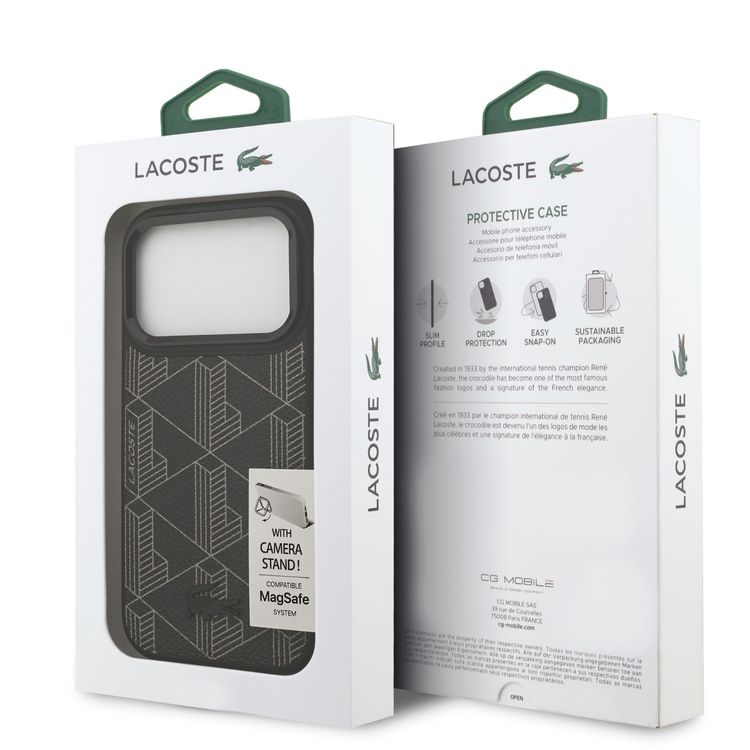 حافظة Lacoste MagSafe بغطاء من الجلد الصناعي مع شعار Monogramme وحامل كاميرا لهاتف iPhone 17 Pro، بتصميم نحيف، تغليف مستدام، حماية من السقوط، تصميم سهل التركيب - باللون الأسود