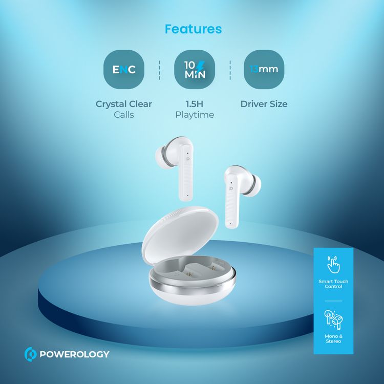 Powerology TWS Earbuds with Quad Mic ENC, 6h Playtime, Bluetooth 5.3, 30minutes Charging Time, 10m Transmission Distance, Type-C Port, Smart Touch Control, Wireless Charging - White