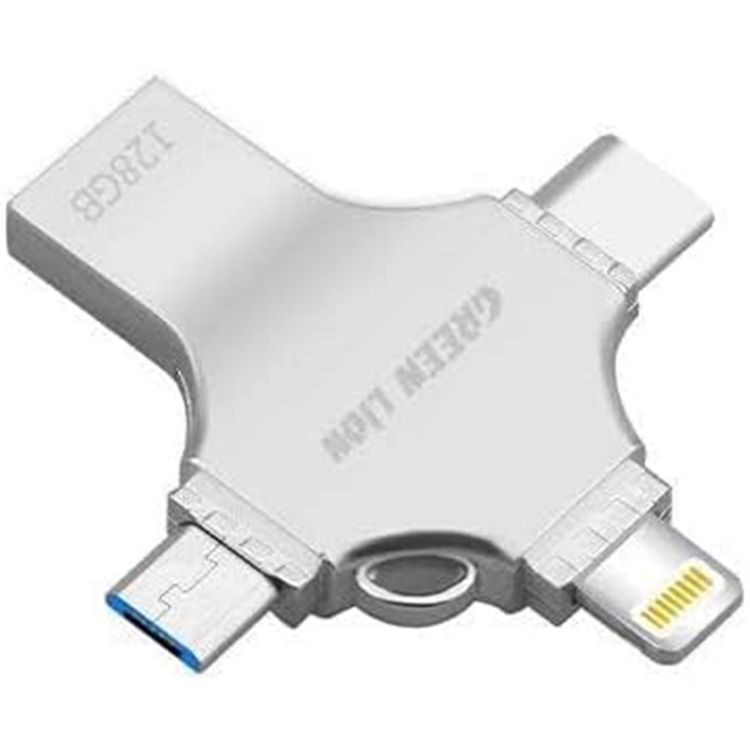 Green Lion 4-in-1 USB Flash Drive 128GB with High Speed Data Transfer, USB-A, USB-C, Micro USB & Lightning Connectors - Silver