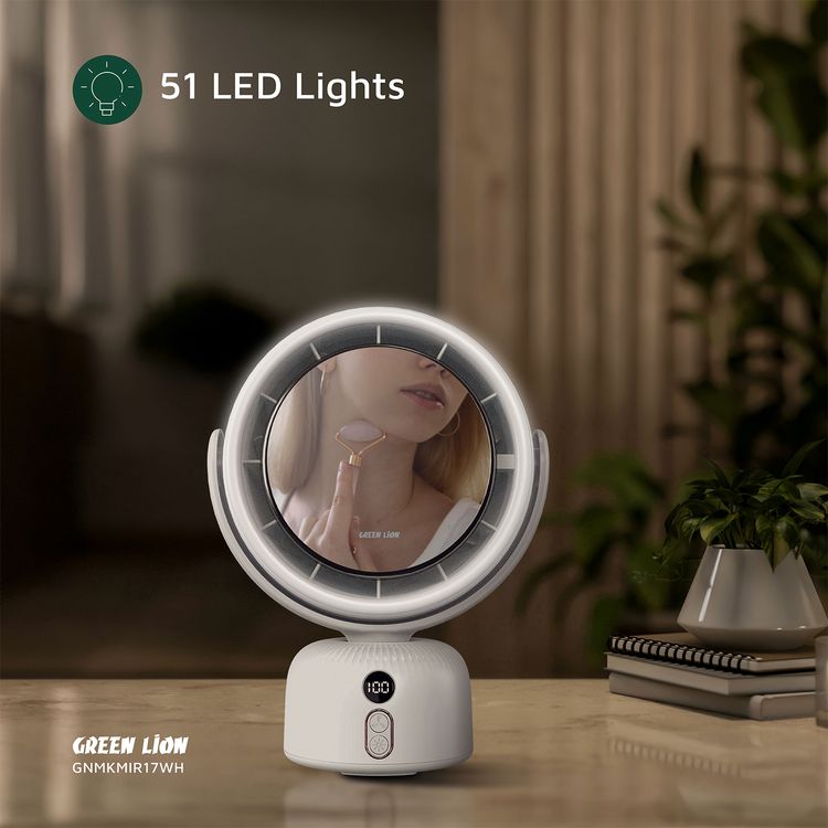 مرآة المكياج من جرين ليون مع مروحة، 5 مستويات لسرعة المروحة و3 أوضاع للإضاءة، حتى 11 ساعة من وقت العمل، منفذ شحن USB-C، دوران قابل للتعديل، شاشة رقمية، قاعدة مانعة للانزلاق، 51 ضوء LED، بطارية بسعة 5400 مللي أمبير - أبيض