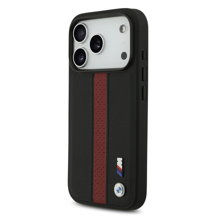 BMW PU Leather Case with Perforated Stripes & Metal Logos for iPhone 17 Pro Max, MagSafe Compatible, Sustainable Packaging, Drop Protection, Slim Profile, Easy Snap-On Design - Black / Red
