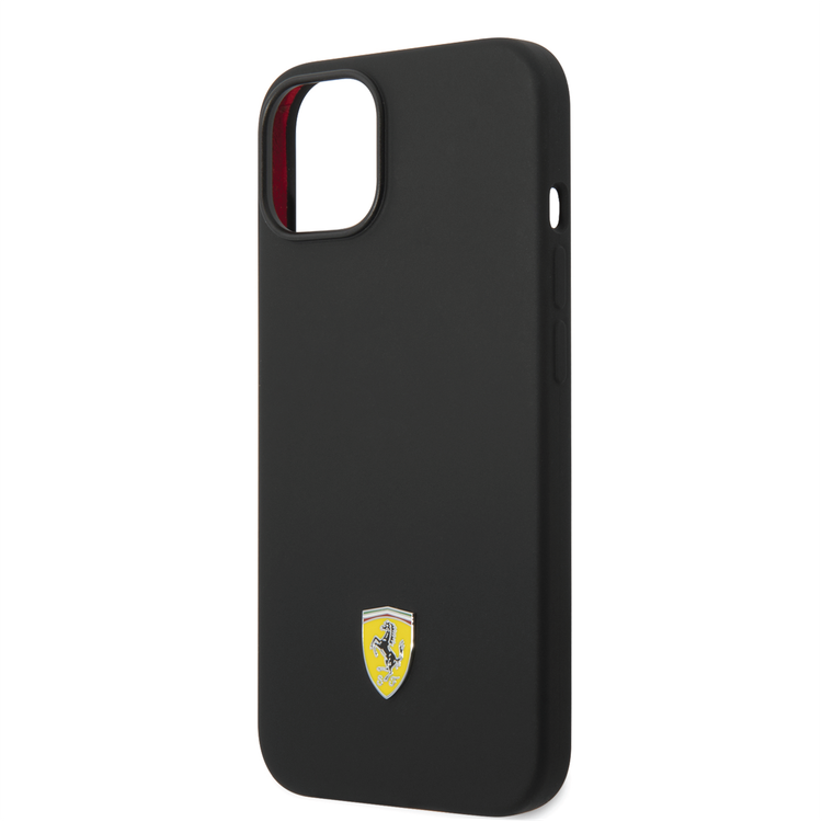Ferrari Liquid Silicone Case with Black Camera Outline & Metal Logo iPhone 14 Compatibility - Black