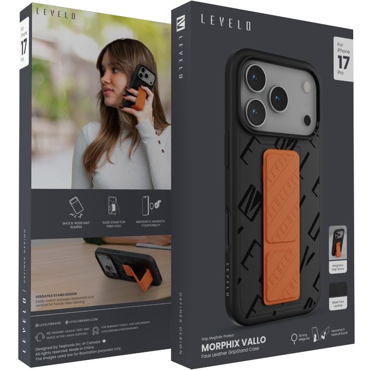 Levelo Morphix Vallo Faux Leather GripStand Case for iPhone 17 Pro, MagSafe & Magnetic Compatibility, Horizontal & Vertical Stand Positions, True Microfiber Interior Lining, Shock-Resistant Bumper, Strong Magnets - Onyx Flame