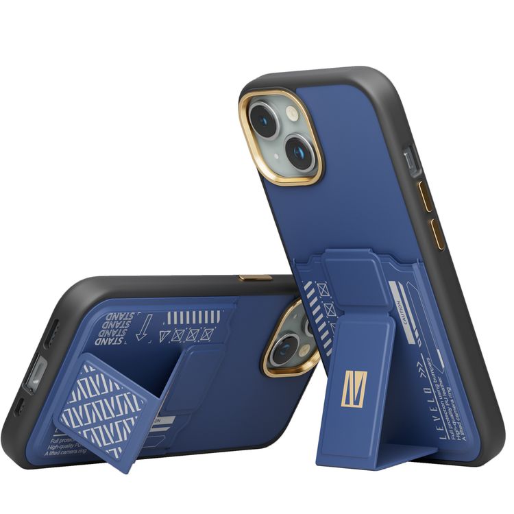 جراب Levelo Morphix Cuero Gripstand لهاتف iPhone 15 مع حامل بطاقات، أوضاع متعددة، مادة جلد البولي يوريثان، حواف مقاومة للصدمات - أزرق