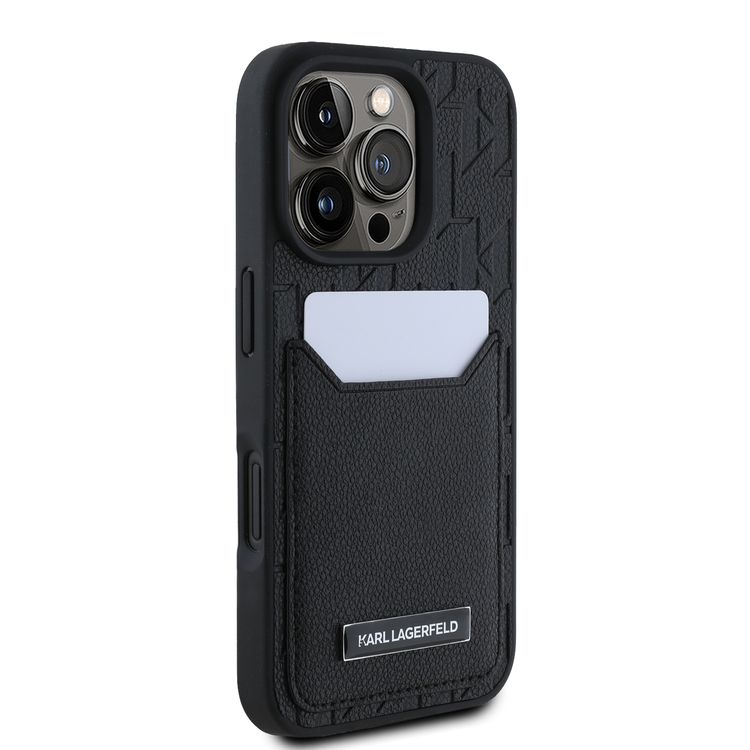 Karl Lagerfeld PU Hard Case for iPhone 16 Pro with Card Slot & Monogram Design Logo, Drop Protection, Easy Snap-on, Slim Profile, Lightweight, Sustainable Packaging - Black