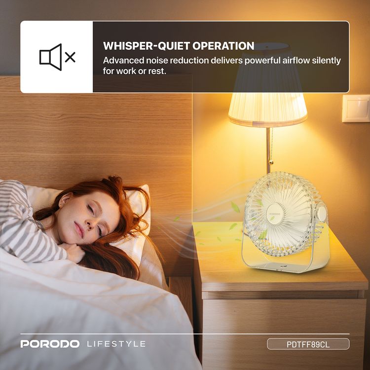 Porodo Portable Transparent Cooling Fan with Nightlight, 120° Oscillation, 3 Speed Levels, 3000mAh Battery Capacity, 3-9.5 Hours Working Time, 2.5 Hours Charging Time, ABS Material, Type-C Charging Interface, Whisper-Quiet Operation - Clear