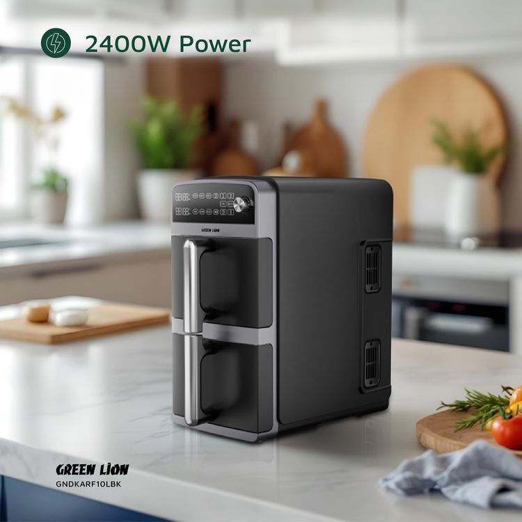 Green Lion Double Decker Air Fryer, 2400W, 110-240V,  50-60 Hz Frequency,  5L+5L Capacity, 0-200°C Temperature, Auto Function, Sync and Match Functions - Black