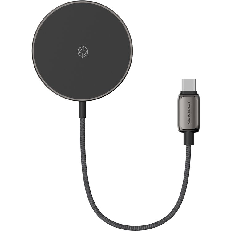 Powerology Zinco Series Wireless Charging Pad with USB-C Cable Connector, 15W Power, Nylon Braided & Zinc Alloy Material, 1m Cable Length, Tangle-Free, MagSafe Compatibility - Gray