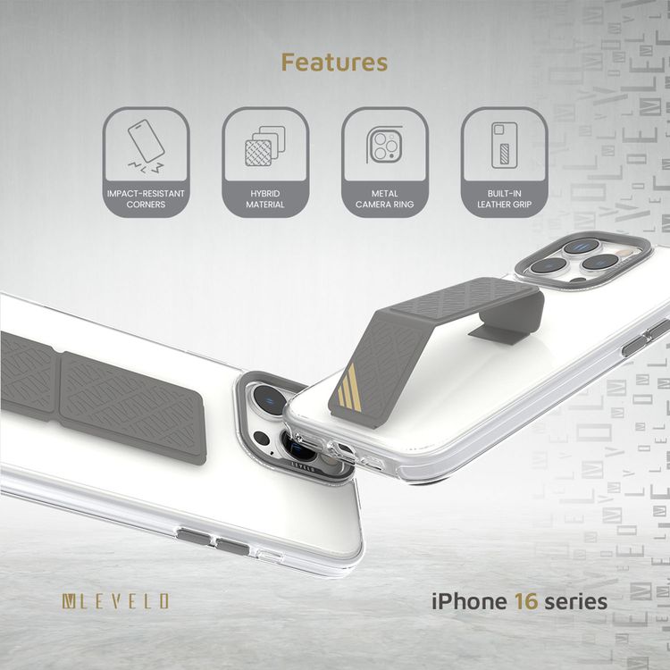 Levelo Morphix Clara Case for iPhone 16 Pro, Hybrid Material, Impact-Resistant Corners, Built-in Leather Grip, Metal Camera Ring - Gray