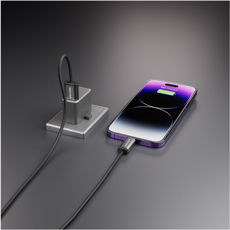 Porodo Woven Braided USB-A to Lightning Cable with Aluminum Alloy & Woven Material, 1.2m Cable Length, Data & Fast Charge Transmission - Black