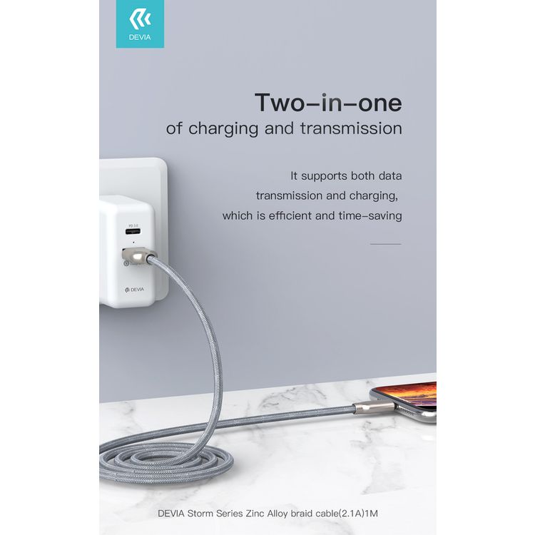Devia Storm Series Zinc Alloy Braided Lightning Cable 1M 2.1A - Silver