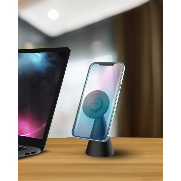 حامل مكتب مغناطيسي Porodo Magsafe بمواد بلاستيكية، زاوية عرض قابلة للتعديل، توافق عالمي، تثبيت مغناطيسي قوي.
