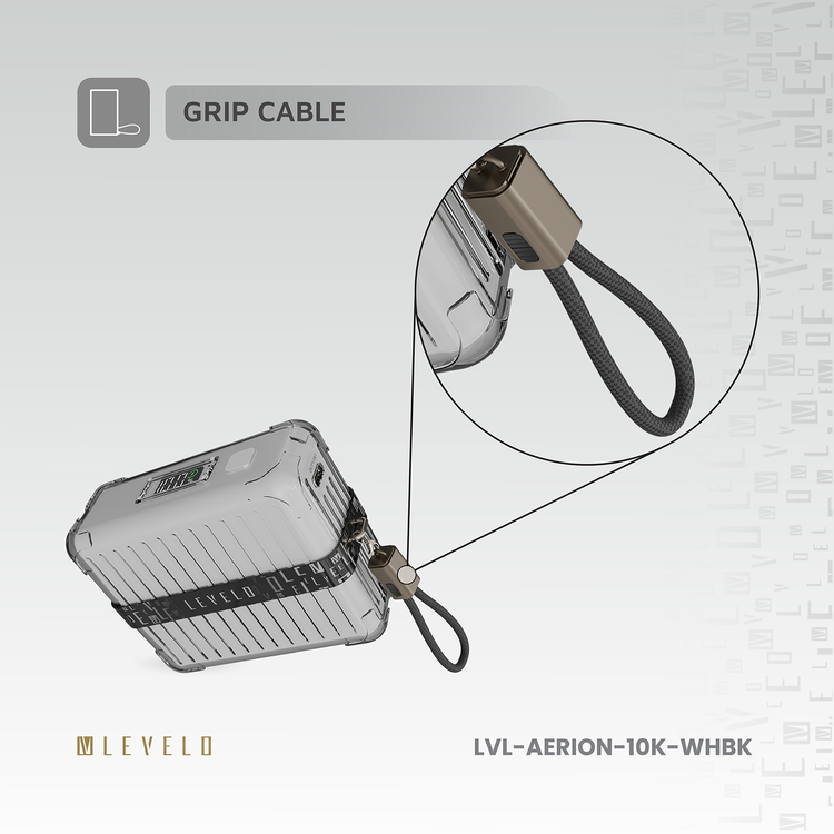 Levelo  Aerion Portable 10000mAh Power Bank with Luggage Design, LED Display, Over Current Protection, Lithium-ion Battery, Grip Cable, Fast Charging Support - White / Black  