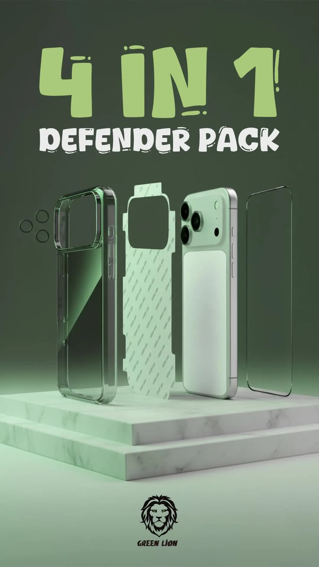 Green Lion 4-in-1 Defender Pack for iPhone 17 Pro Max, Anti-Shock Case, Anti-Fingerprint Camera Lens, Anti-Broken Edges Glass, 360° Comprehensive Protection Case, Anti-Yellowing Case, Anti-Scratch Camera Lens, HD Clarity Glass, Full Protection, High Quality - Clear