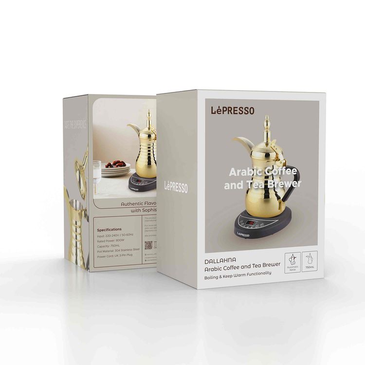LePresso Arabic Coffee & Tea Dallah with 750mL Capacity, 800W Rated Power, Stainless Steel, Over-Heat Protection, Keep Warm Feature - Gold