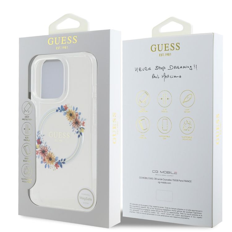 Guess Magsafe IML Hard Case with Flower Wreath Design for iPhone 16 Pro Max, Lightweight, Comfortable and Secure Grip, High Quality Material - Transparent