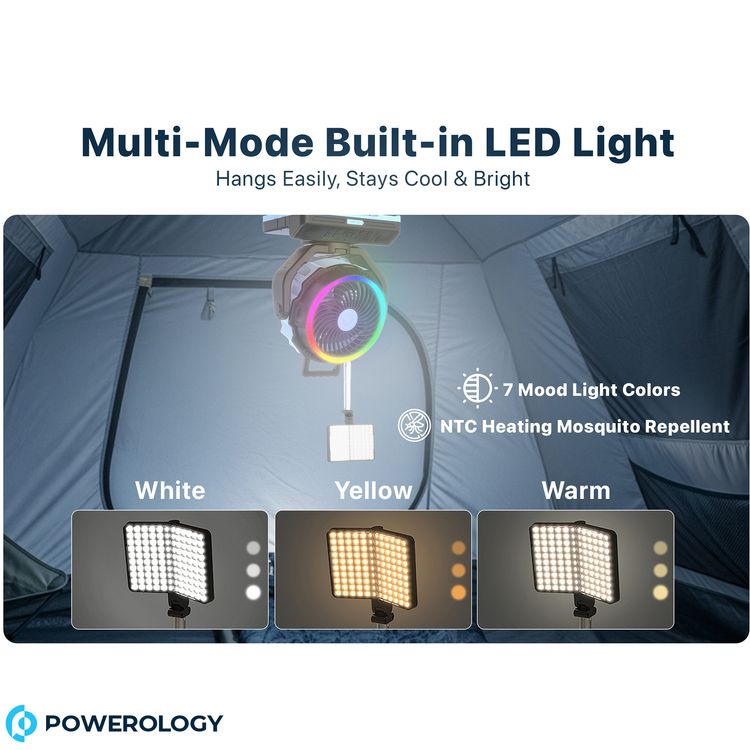 Powerology Ventopower Outdoor 40K Oscillating Fan with 6 Speed Levels, High Capacity Battery, Timer, Dynamic Mood Lighting, TF Card Playback, Oscillating Fan Head - Black