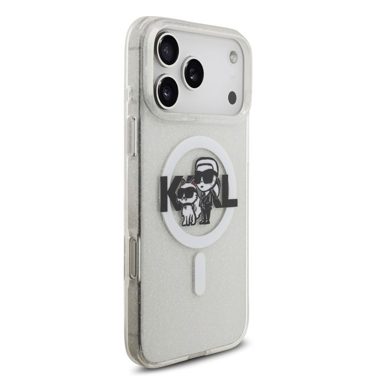 غطاء Karl Lagerfeld MagSafe IML Glitter مع رؤوس Karl & Choupette لهاتف iPhone 17 Pro Max، حماية من الصدمات، تصميم نحيف وخفيف الوزن، تثبيت سهل، قبضة مريحة، تغليف مستدام - شفاف